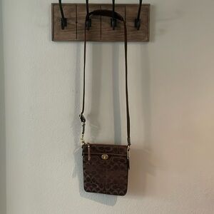 Coach Signature Brown Canvas Fabric Crossbody Bag Like New Adjustable Strap